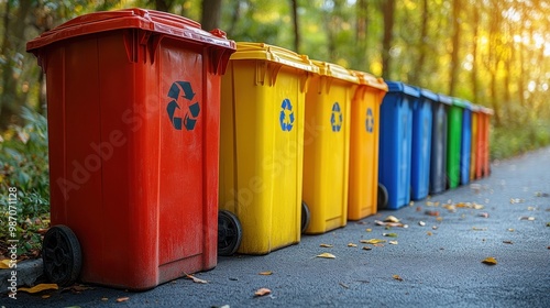 Colorful Recycling Bins in Park