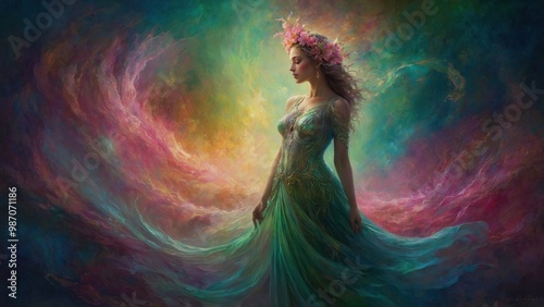 digital illustration of fantasy background with a woman