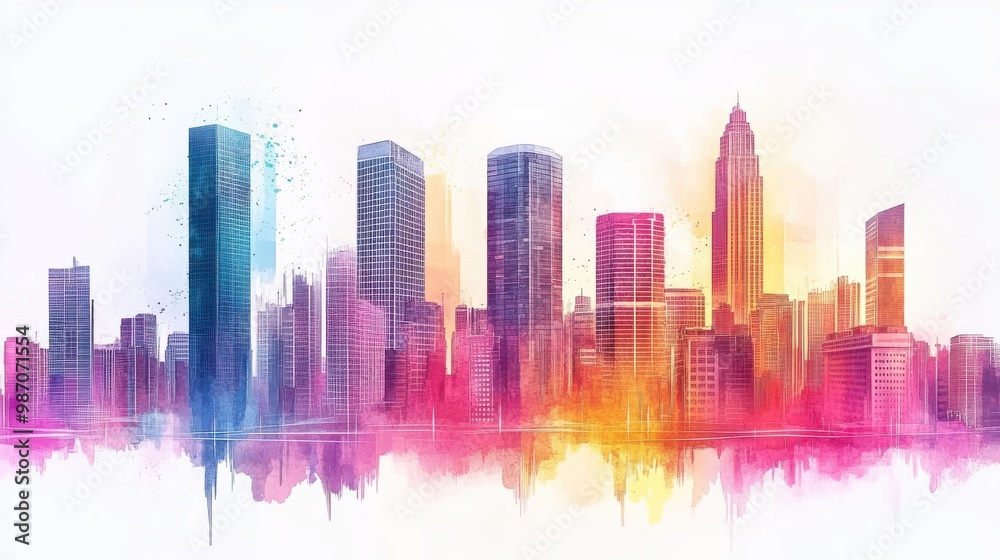 Fototapeta premium A vibrant watercolor city skyline showcasing colorful buildings and a beautiful abstract background representing urban life.