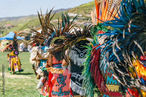 Powwow. Native Americans dressed in full regalia. Details of regalia close up. Chumash Day Powwow