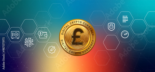 Pounds pound sterling crypto digital currency UK money blockchain coin illustration financial technology