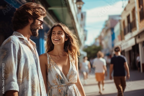 A man and a woman are walking down a street, smiling at each other