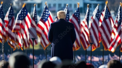 Standing tall, the rear view of a president-elect is framed by a sea of American flags, as they address a crowd near the symbolic structures of US democracy.