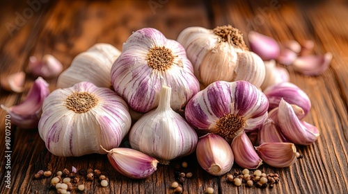 Fresh Purple-Striped Garlic Cloves and Bulbs on Wooden Surface