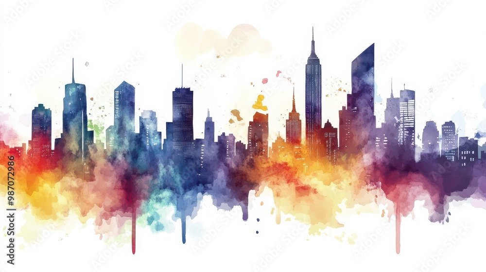 Obraz premium A vibrant watercolor skyline showcasing iconic buildings, blending colors that reflect urban energy and artistic expression.