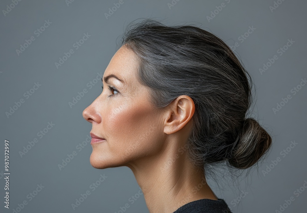 Elegant profile of a woman with gray hair and natural makeup on gray background Elegant profile of a woman with gray hair and natural makeup on gray background