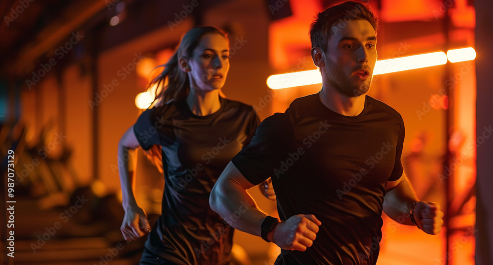Gym background with male and female fitness models, cinematic style Gym background with male and female fitness models, cinematic style