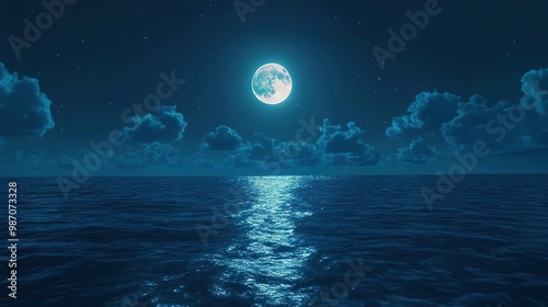 Calm ocean under a full moon at night. The bright full moon shines its light in the middle of the calm ocean.