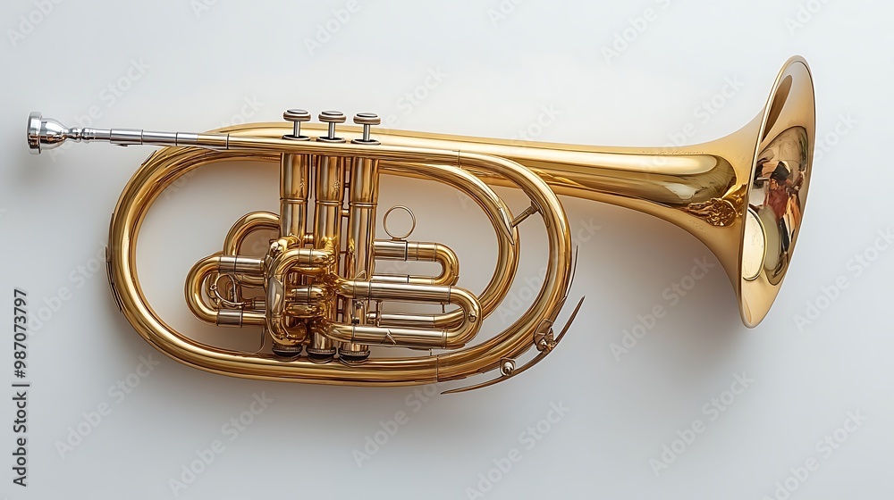 Fototapeta premium A gold-plated flugelhorn, a brass instrument similar to a trumpet but with a wider bore and a mellower sound, on a white background.