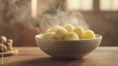 A bowl of steaming potatoes in a minimalist style with a simple background and studio lighting