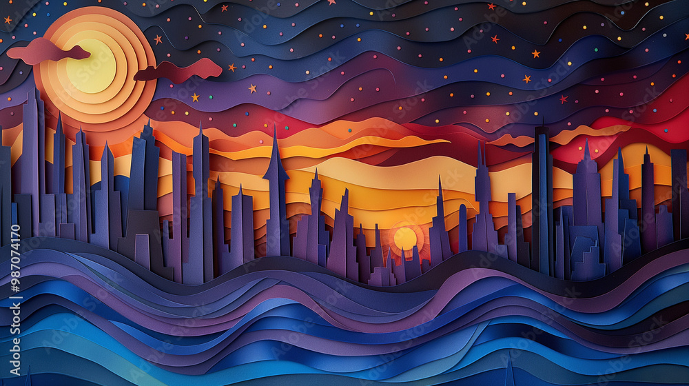 Imagine an intricate paper cut-out of the cityscape at night, with buildings and streets illuminated by lights.