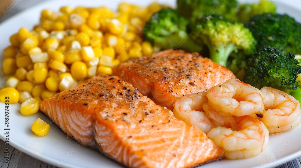 Salmon, Shrimp, Cheesy Broccoli with Corn, Generative AI Salmon, Shrimp, Cheesy Broccoli with Corn, Generative AI
