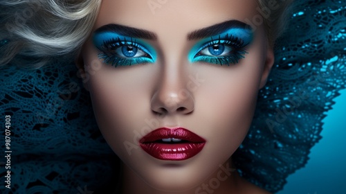 Close-up portrait of a beautiful woman with blue shimer evening makeup. Neural network ai generated art photo