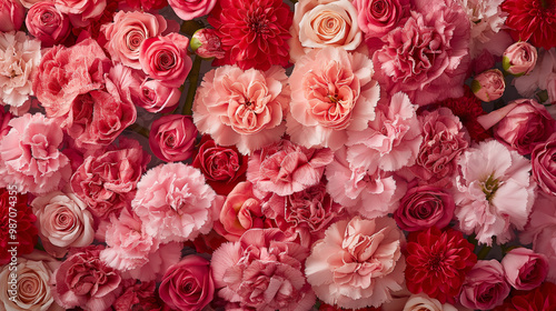 A close up of an array of pink and red carnations, with some in full bloom and others as buds, arranged on top of each other to create the effect of a bouquet. 
