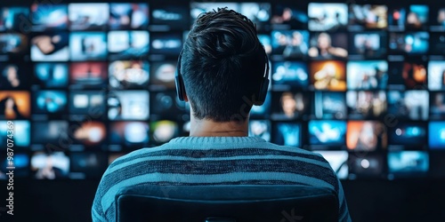 A person sits in front of a large screen displaying multiple video feeds, engrossed in multimedia content.