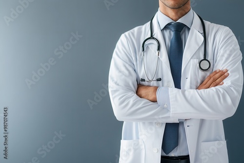 A confident doctor in a white coat stands with arms crossed, wearing a stethoscope, reflecting professionalism and expertise. photo