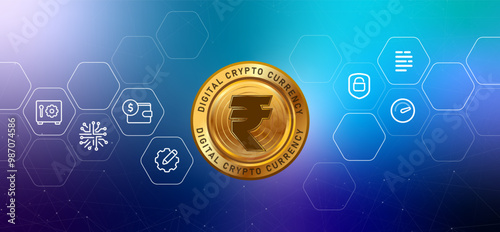 Indian rupee crypto digital currency money blockchain coin illustration financial technology