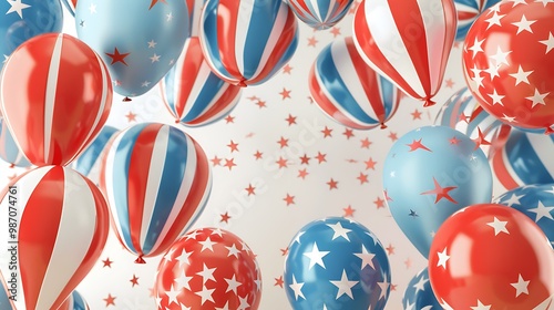 Festive red white and blue balloon arrangement for Independence Day celebration featuring stars and stripes design ideal for Fourth of July parties and national pride decorations with a USA theme photo