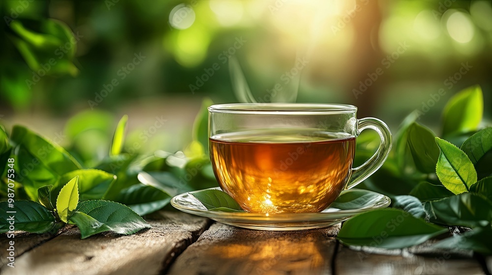 Steaming Cup of Tea on a Wooden Surface Surrounded by Green Leaves Steaming Cup of Tea on a Wooden Surface Surrounded by Green Leaves