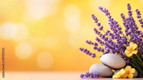 A calming arrangement of lavender flowers and smooth stones against a warm bokeh background, evoking serenity and nature's beauty.