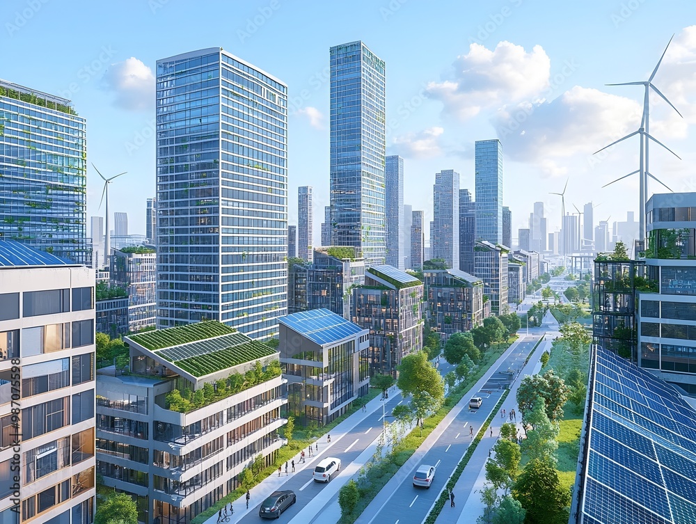 Obraz premium Gleaming Sustainable Cityscape with Integrated Renewable Energy Solutions and Green Infrastructure