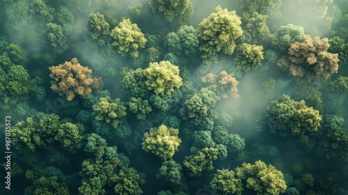 Aerial view of lush trees shrouded in mist, showcasing vibrant greens and earthy tones, perfect for nature-themed projects.