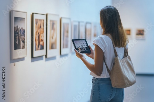 Captivated by Art: A Young Woman Engages with Digital Gallery on iPad in a Modern Exhibition Space