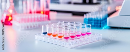 Diagnostic assays process illustrated with multi-colored liquid samples in clear wells photo