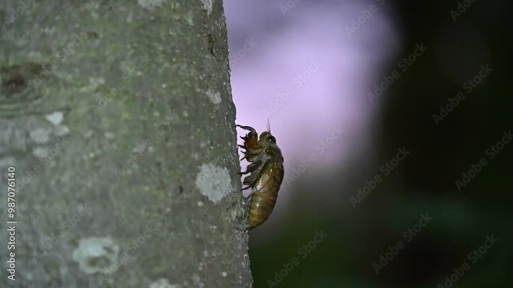 夏の夜に木に登る蝉の幼虫 夏の夜に木に登る蝉の幼虫