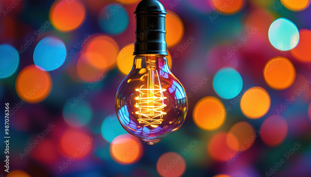 a light bulb with multicolored lights in the background
