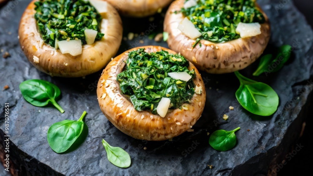 Mushrooms stuffed with spinach and cheese on a stone plate. Mushrooms stuffed with spinach and cheese on a stone plate.