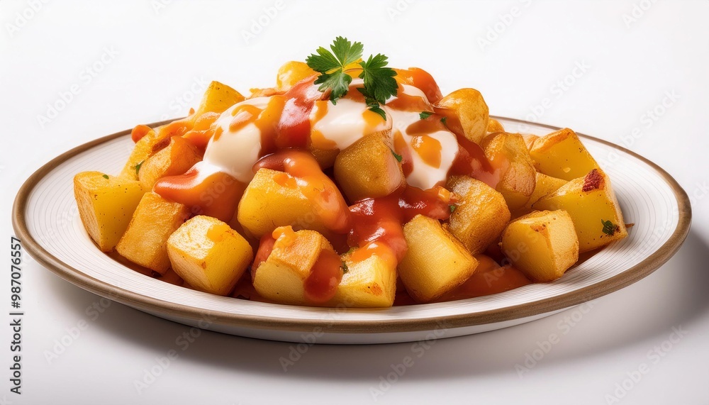 Spanish Food, Patatas Bravas on white background isolated. Spanish Food, Patatas Bravas on white background isolated.
