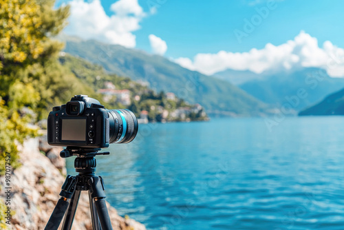 DSLR camera on a tripod beside a lake, capturing the view of water, distant mountains, and greenery, bright sunny day with a clear blue sky and fluffy white clouds. photo