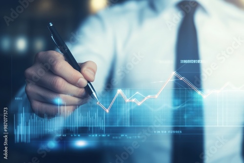 A businessman is drawing an upward-trending graph with an arrow on a virtual screen, symbolizing stock market growth or the positive impact on business trends.