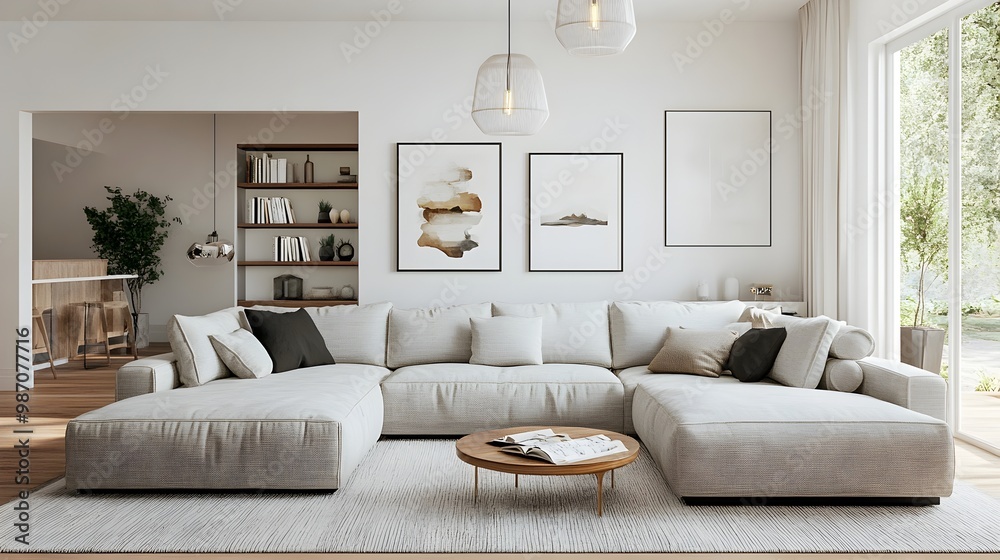 Fototapeta premium Inviting and Cozy Modern Living Room with Large Comfortable Sectional Sofa Minimalist Stylish Decor