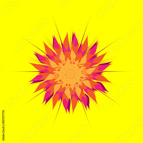Orange red petals flower on yellow background, mandala