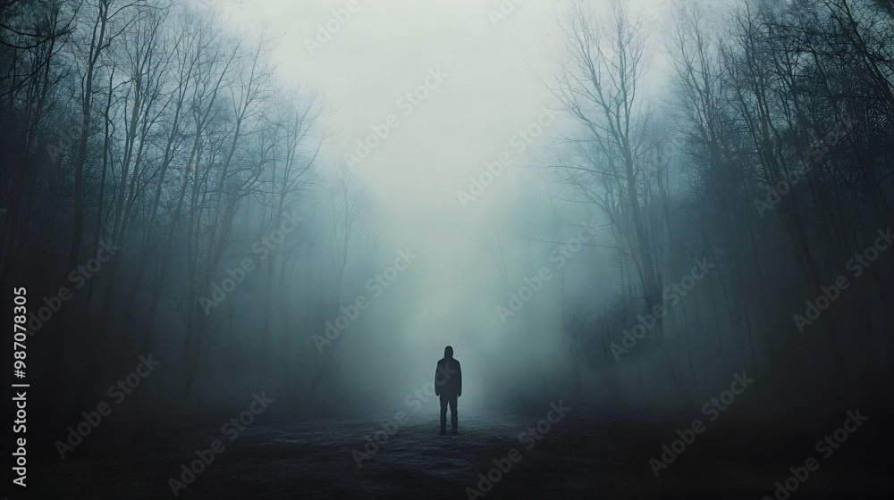Lone figure standing amidst the misty ethereal forest evoking a sense of solitude contemplation and the human experience of loneliness and abandonment in nature Lone figure standing amidst the misty ethereal forest evoking a sense of solitude contemplation and the human experience of loneliness and abandonment in nature