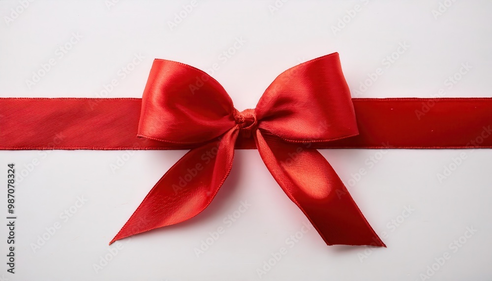 Close-up of a Shiny Red Satin Ribbon Tied in a Neat Bow on a Horizontal Red Band Against a Clean White Background. Perfect for Christmas New Year Holiday Gift Wrapping Celebrations Special Occasions Close-up of a Shiny Red Satin Ribbon Tied in a Neat Bow on a Horizontal Red Band Against a Clean White Background. Perfect for Christmas New Year Holiday Gift Wrapping Celebrations Special Occasions