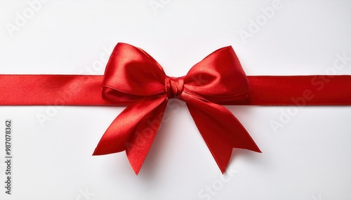 Close-up of a Shiny Red Satin Ribbon Tied in a Neat Bow on a Horizontal Red Band Against a Clean White Background. Perfect for Christmas New Year Holiday Gift Wrapping Celebrations Special Occasions