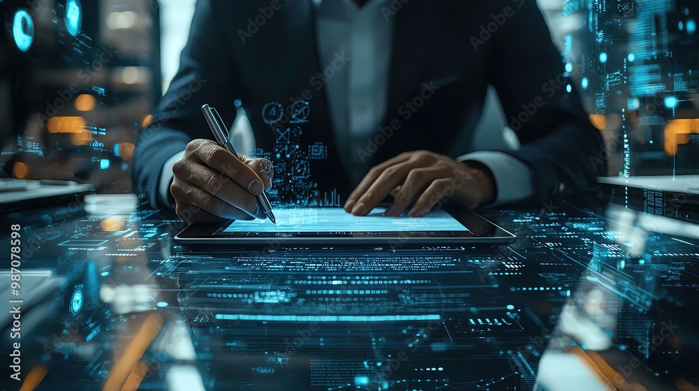 A professional working on a tablet, creating digital content surrounded by futuristic technology and glowing data visuals. A professional working on a tablet, creating digital content surrounded by futuristic technology and glowing data visuals.
