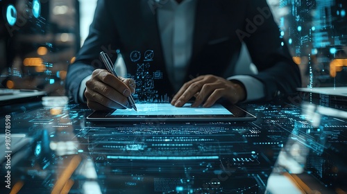 A professional working on a tablet, creating digital content surrounded by futuristic technology and glowing data visuals.