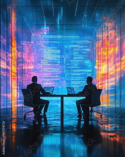 Two professionals analyze data in a futuristic workspace with vibrant visualizations, blending technology and collaboration.