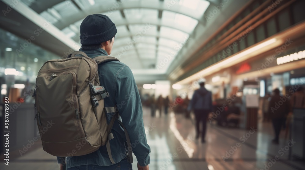 Young asian traveler with backpack in the railway. Neural network ai generated art Young asian traveler with backpack in the railway. Neural network ai generated art