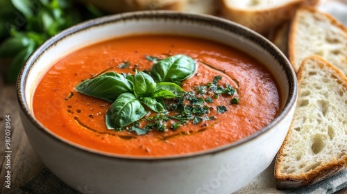 A bowl of creamy tomato soup topped with fresh basil and served with a slice of warm, crusty bread on the side