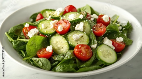 A fresh green salad with baby spinach, cherry tomatoes, cucumber slices, and feta cheese, topped with a light vinaigrette dressing