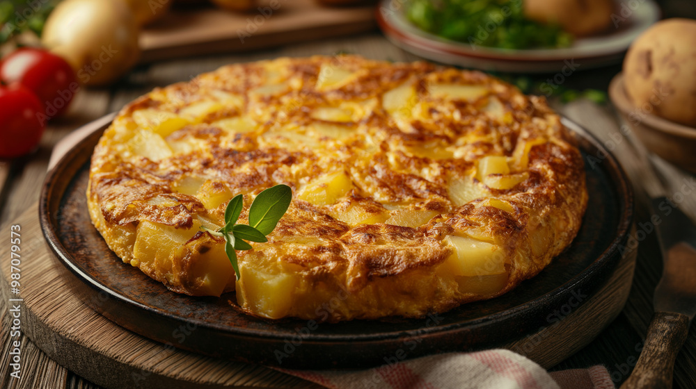 Spanish tortilla (omelette) with potatoes and onions, Casual dining table setting, Golden and detailed textures of the tortilla, Classic Spanish breakfast ambiance Spanish tortilla (omelette) with potatoes and onions, Casual dining table setting, Golden and detailed textures of the tortilla, Classic Spanish breakfast ambiance