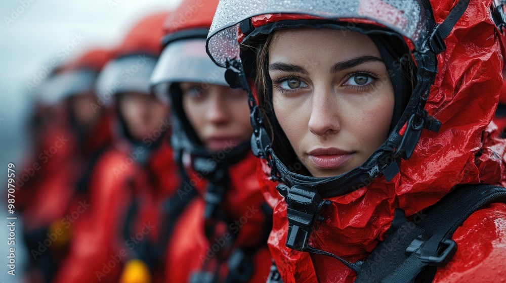 Woman in Red Protective Gear