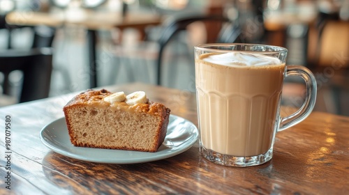 A glass of cold-brew coffee with almond milk, served with a slice of banana bread on the side in a chic cafe