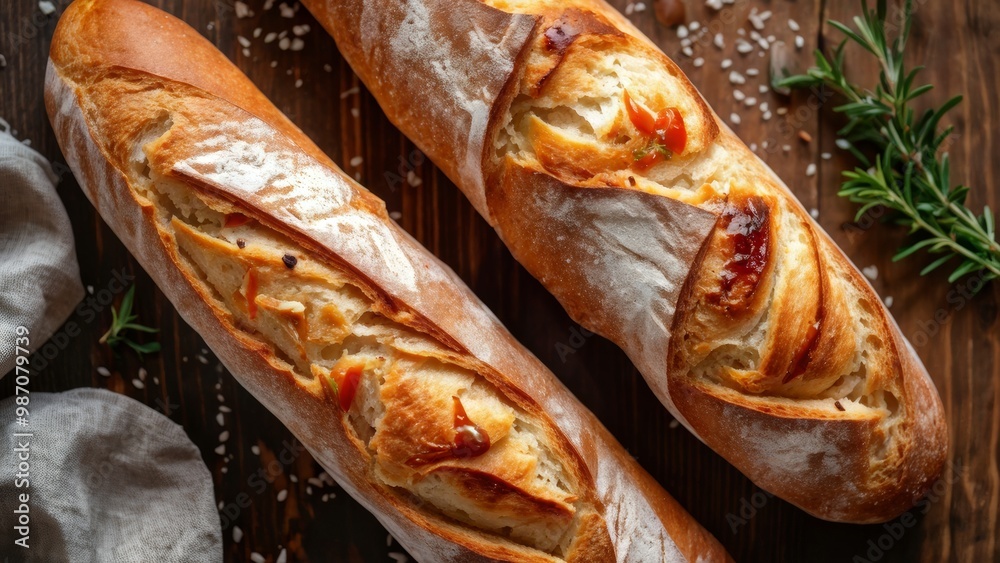 Baguettes on a wooden dining table. Ruddy crusty bread. Baguettes on a wooden dining table. Ruddy crusty bread.