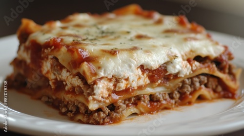 A hearty Italian lasagna layered with ground beef, ricotta cheese, and marinara sauce, topped with melted mozzarella